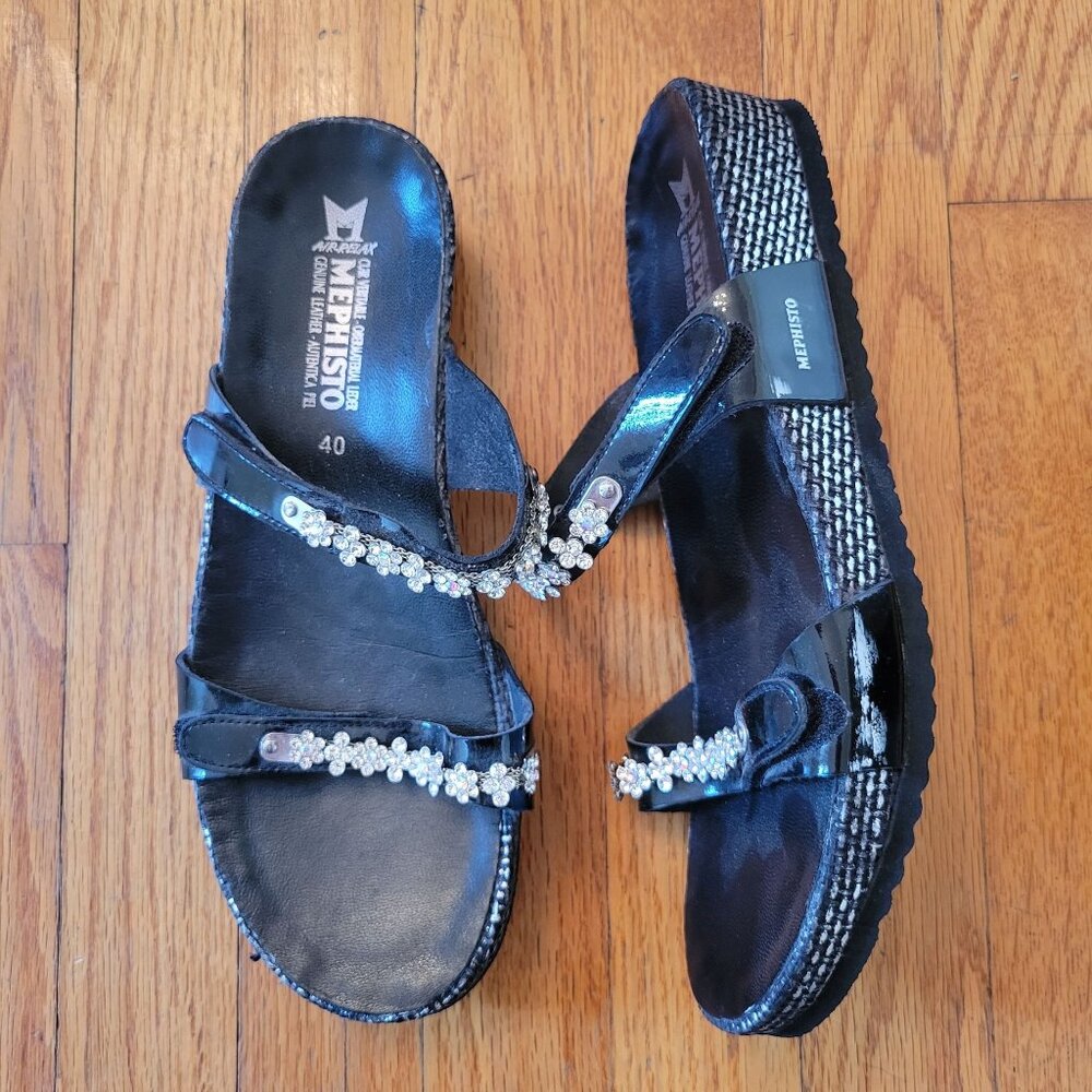 Mephisto 10 Rhinestone Black Patent Leather Strap Platform Sandals 40 AMBRE‎